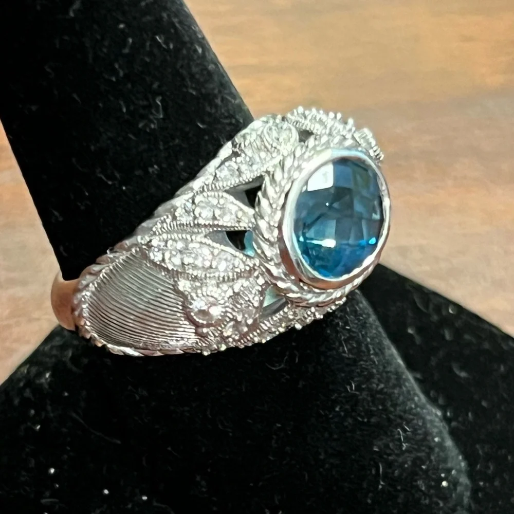 Judith Ripka London Blue Topaz Sterling Silver 925 Rope & Leaf Ring EC 8 #329 - Picture 5 of 12